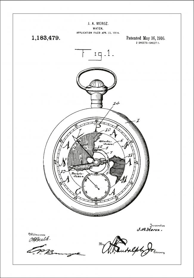 Patenttegning - Lommeur - Hvit Plakat