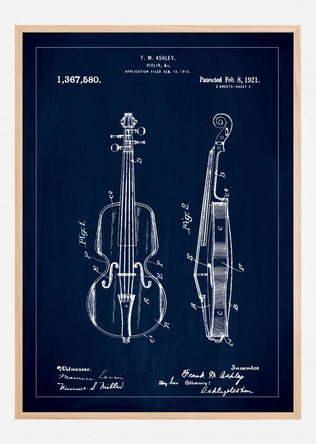 Patenttegning - Fiolin - Blå Plakat