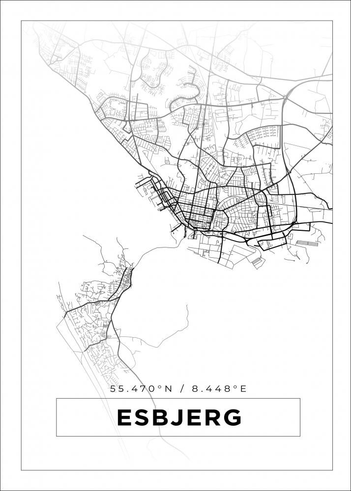 Kart - Esbjerg - Hvit Plakat