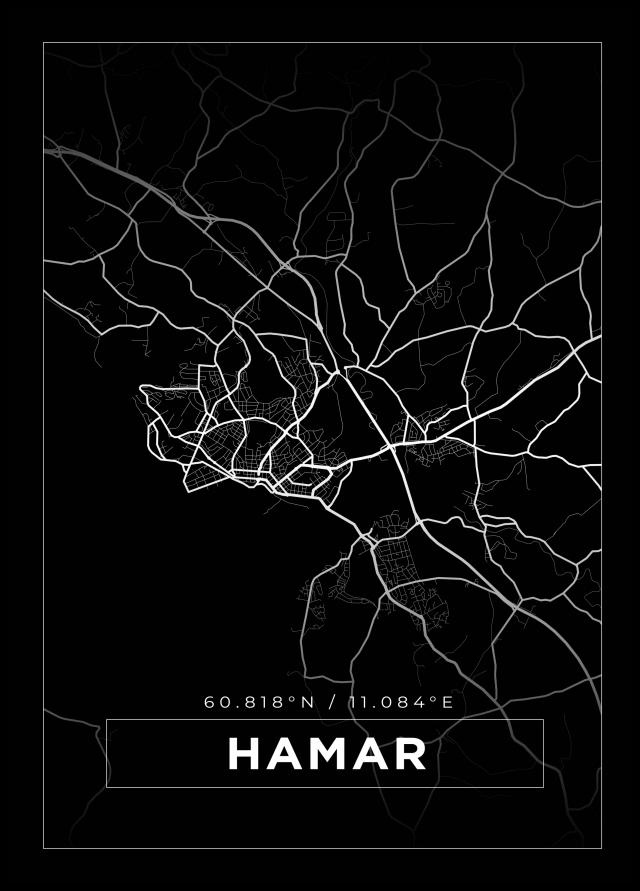 Kart - Hamar - Svart Plakat