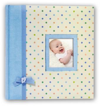 Blått babyalbum med plass til eget bilde på framsiden