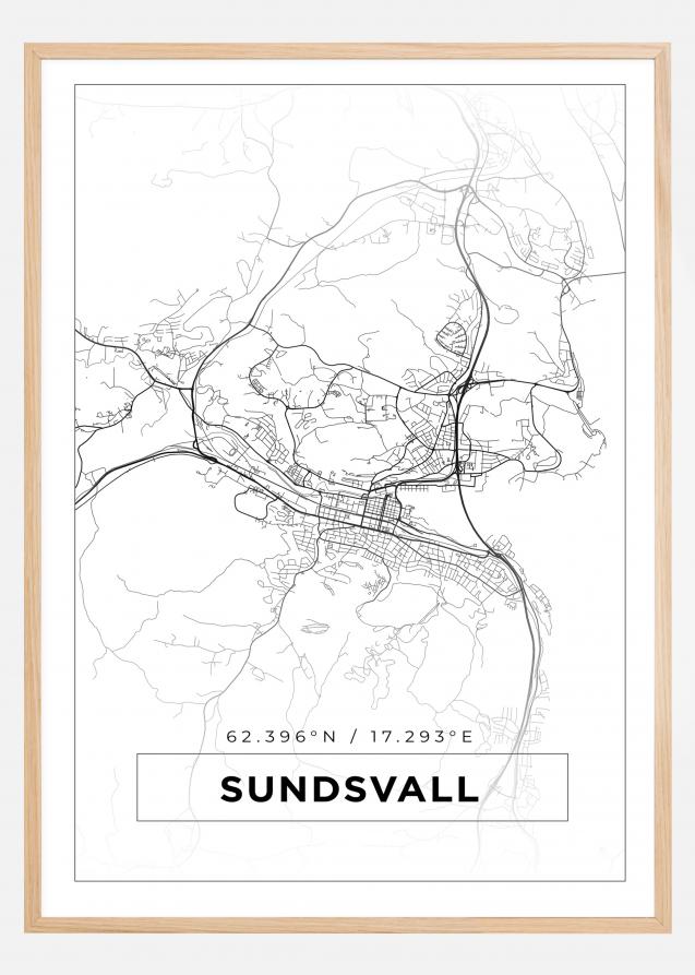 Kart - Sundsvall - Hvit Plakat