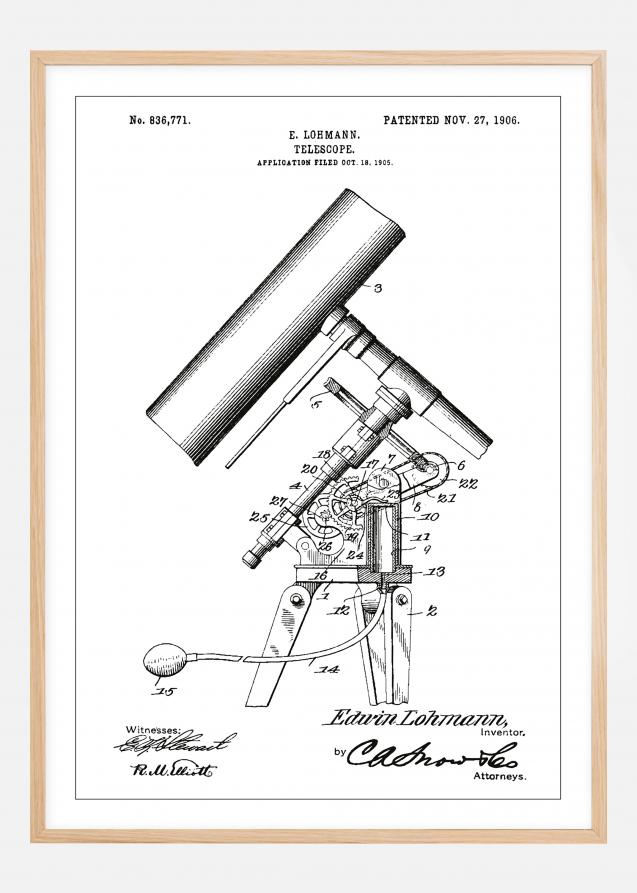 Patenttegning - Teleskop - Hvit Plakat
