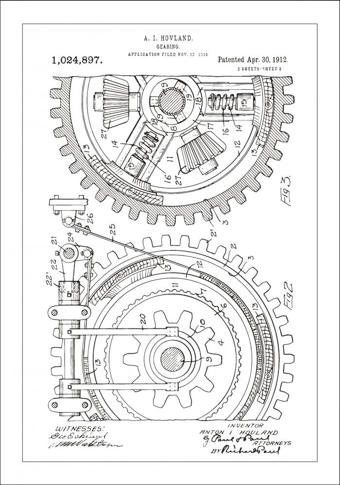 Patenttegning - Tannhjul - Hvit Plakat
