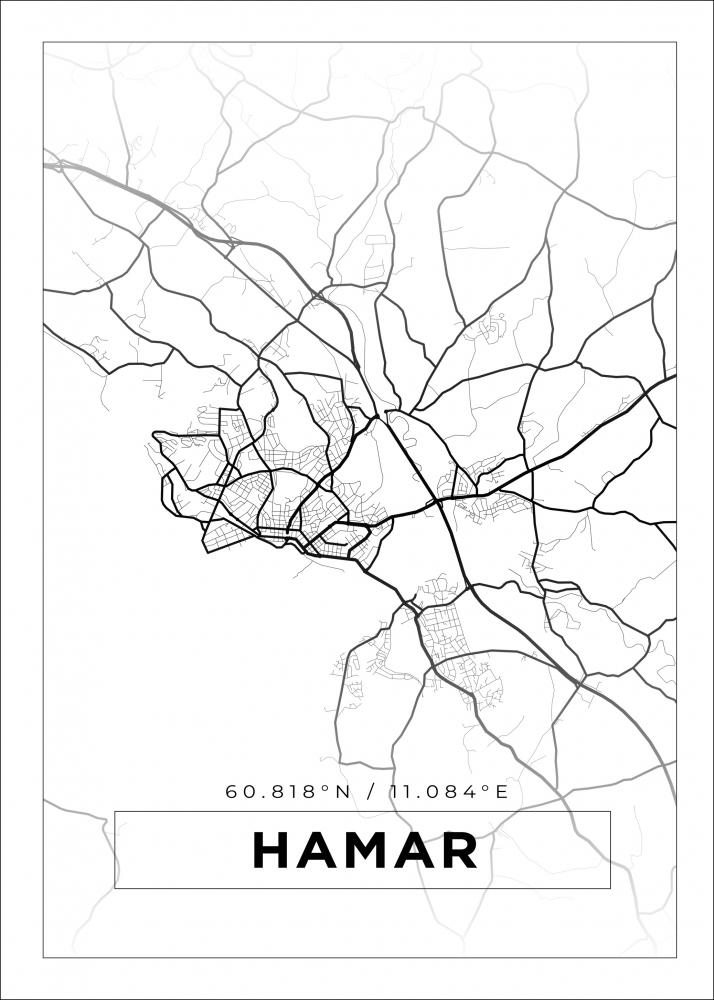 Kart - Hamar - Hvit Plakat