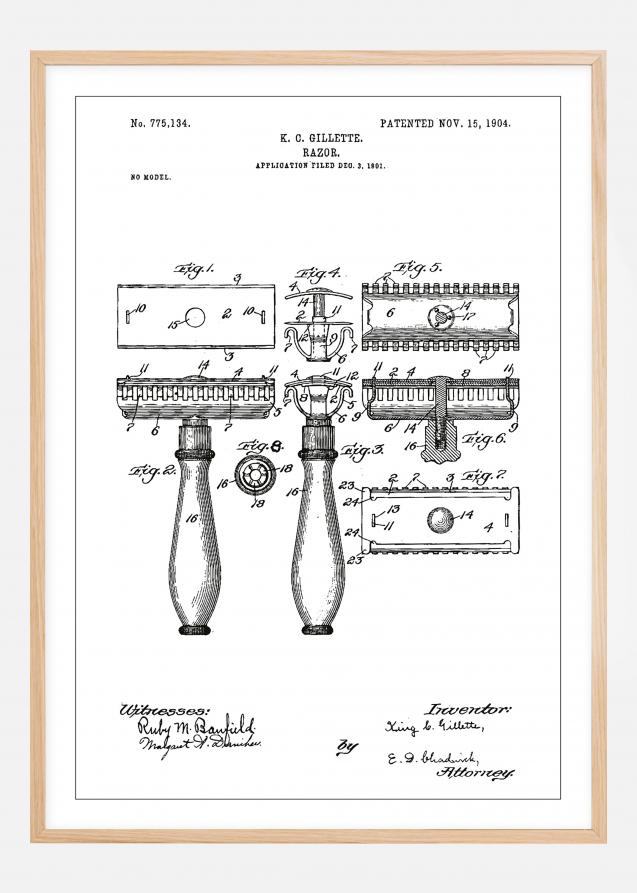 Patenttegning - Barberhøvel - Hvit Plakat