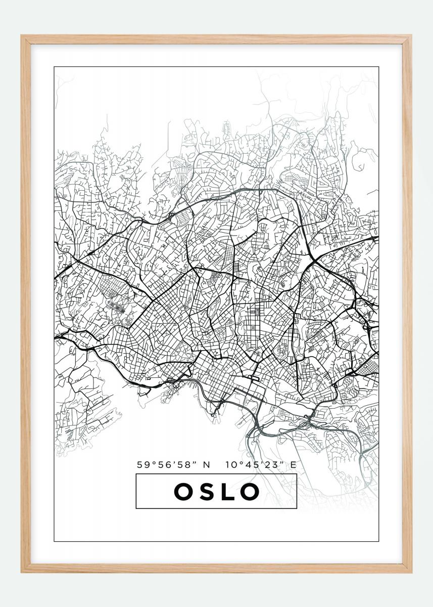 Stedskart poster Oslo - Flott hvit bykart av Oslo
