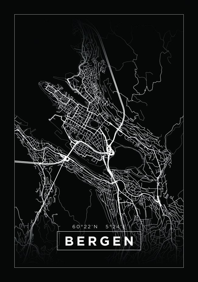 Kart - Bergen - Svart Plakat