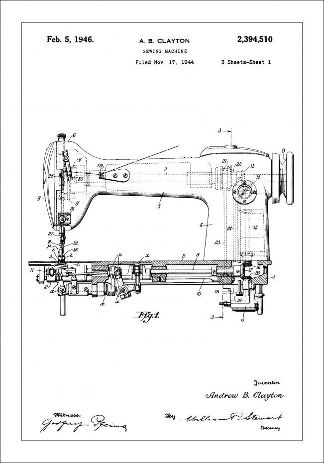 Patenttegning - Symaskin I - Poster Plakat