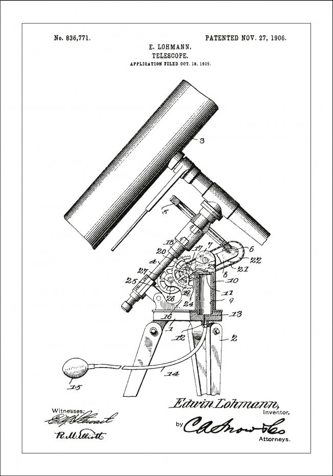 Patenttegning - Teleskop - Hvit Plakat