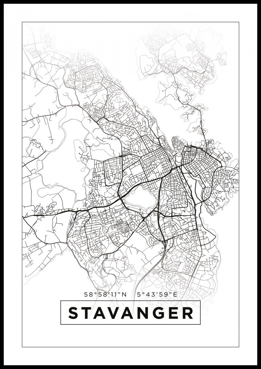 Stedskart poster Stavanger - Flott hvit bykart av Stavanger