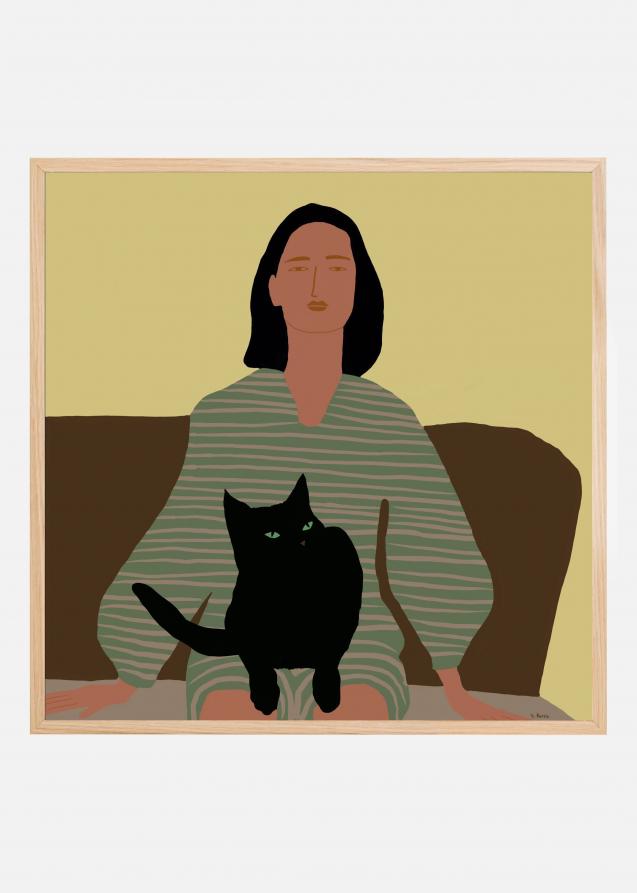 Lady sitting with black cat Plakat