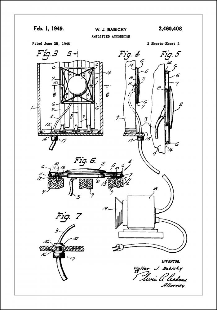 Patent Print - Amplified Accordion II - White Plakat