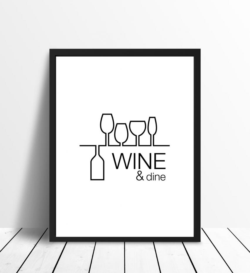 Wine & dine - Hvit med svart trykk Plakat