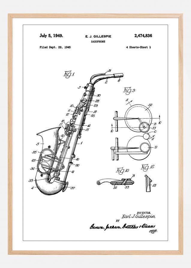 Patent Print - Saxophone - White Plakat