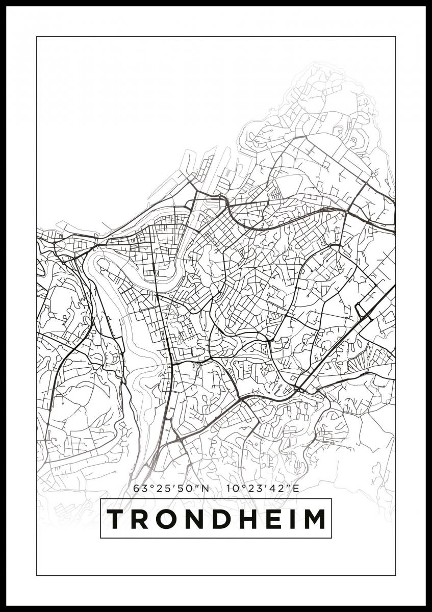 Stedskart poster Trondheim - Flott hvit bykart av Trondheim