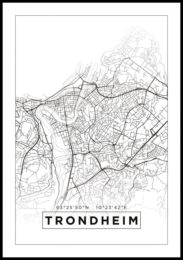 Kart - Trondheim - Hvit Plakat
