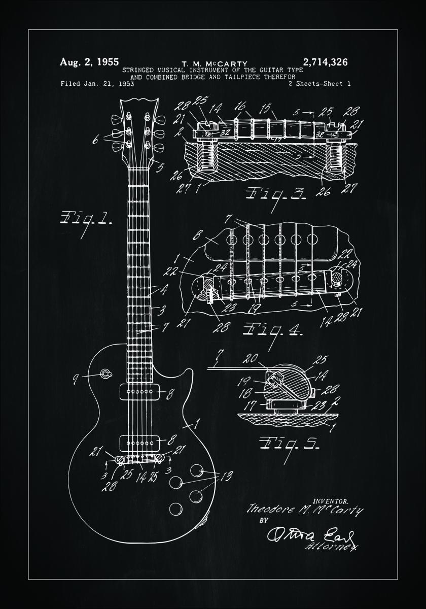 Patenttegning - El-gitar I - Svart Plakat