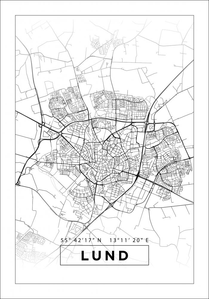 Kart - Lund - Hvit Plakat