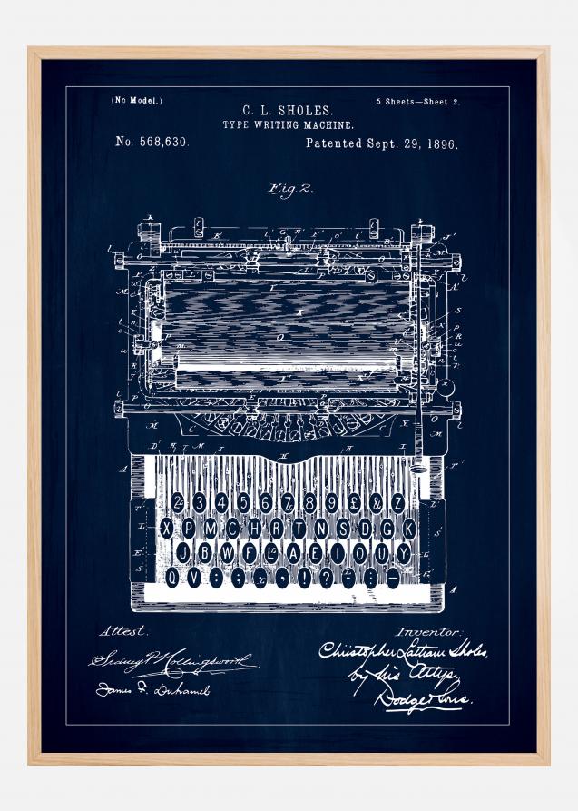 Patenttegning - Skrivemaskin - Blå Plakat