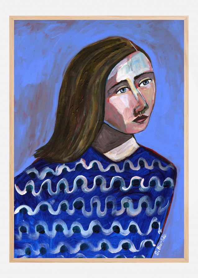 Woman in Blue Sweater Naive Portrait Figurative Plakat