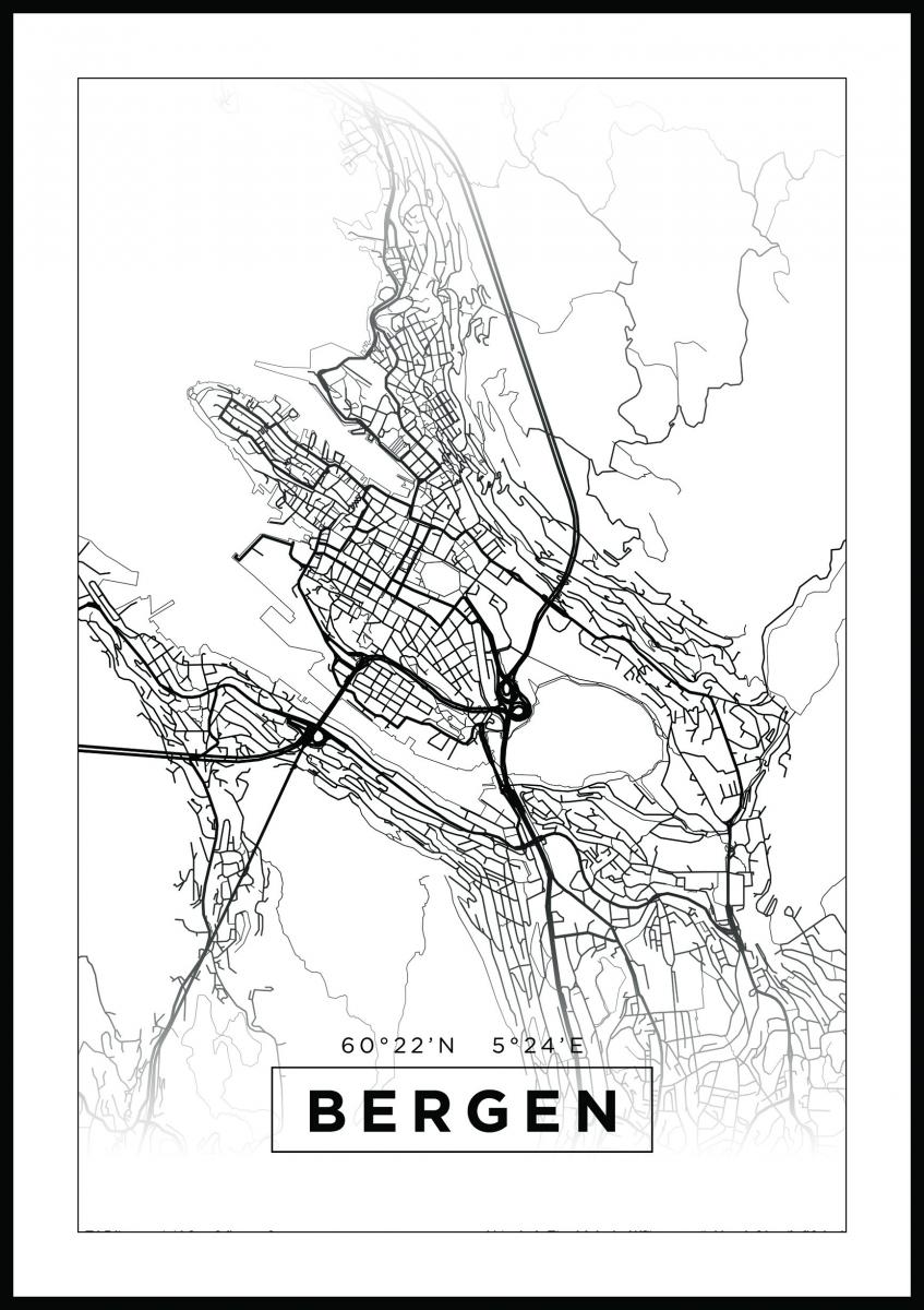 Stedskart poster Bergen - Flott hvit bykart av Bergen