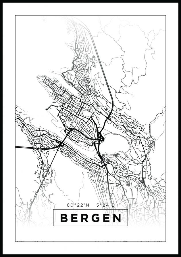 Kart - Bergen - Hvit Plakat