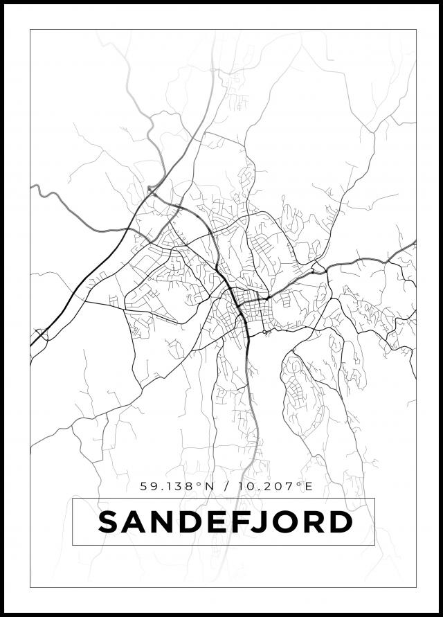 Kart - Sandefjord - Hvit Plakat