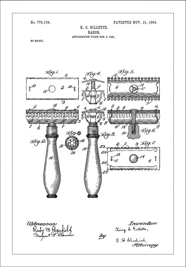 Patenttegning - Barberhvel - Hvit Plakat