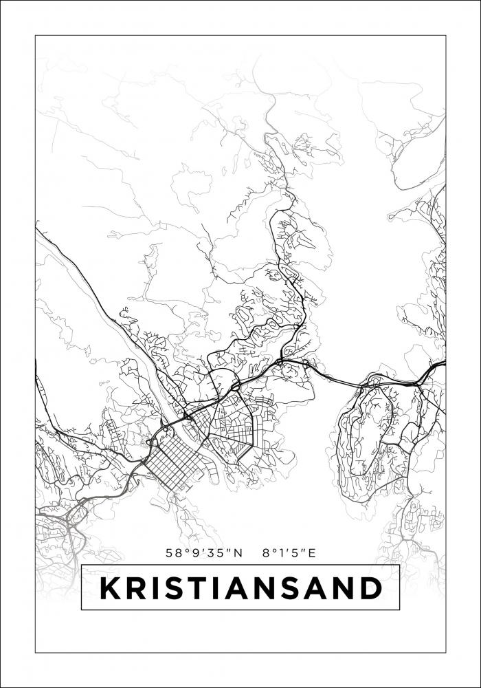 Kart - Kristiansand - Hvit Plakat