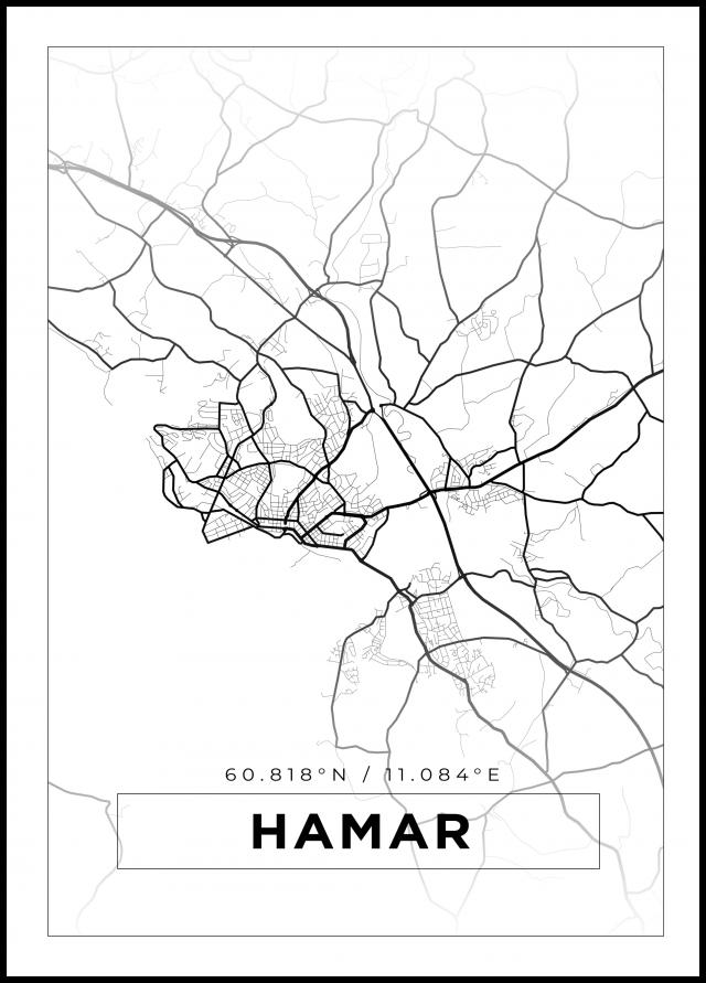 Kart - Hamar - Hvit Plakat