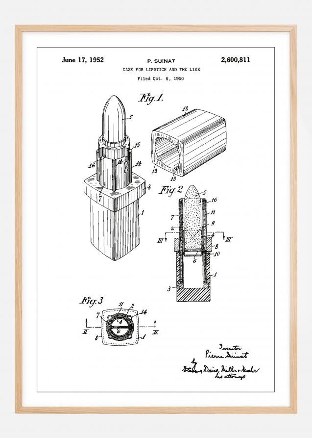 Patenttegning - Leppestift - Hvit Plakat