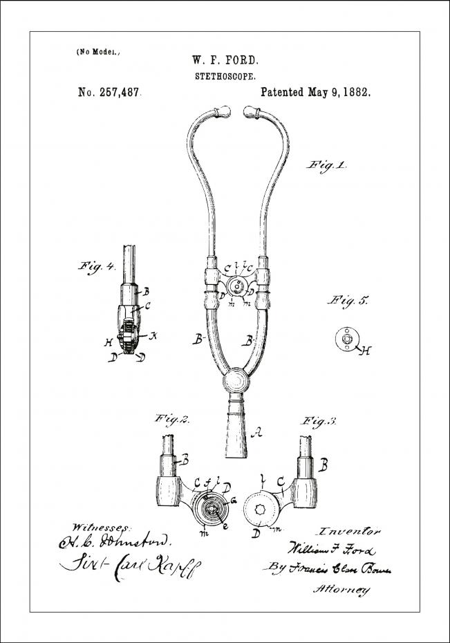 Patenttegning - Stetoskop - Hvit Plakat