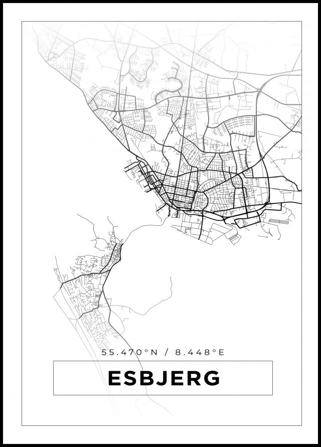 Kart - Esbjerg - Hvit Plakat
