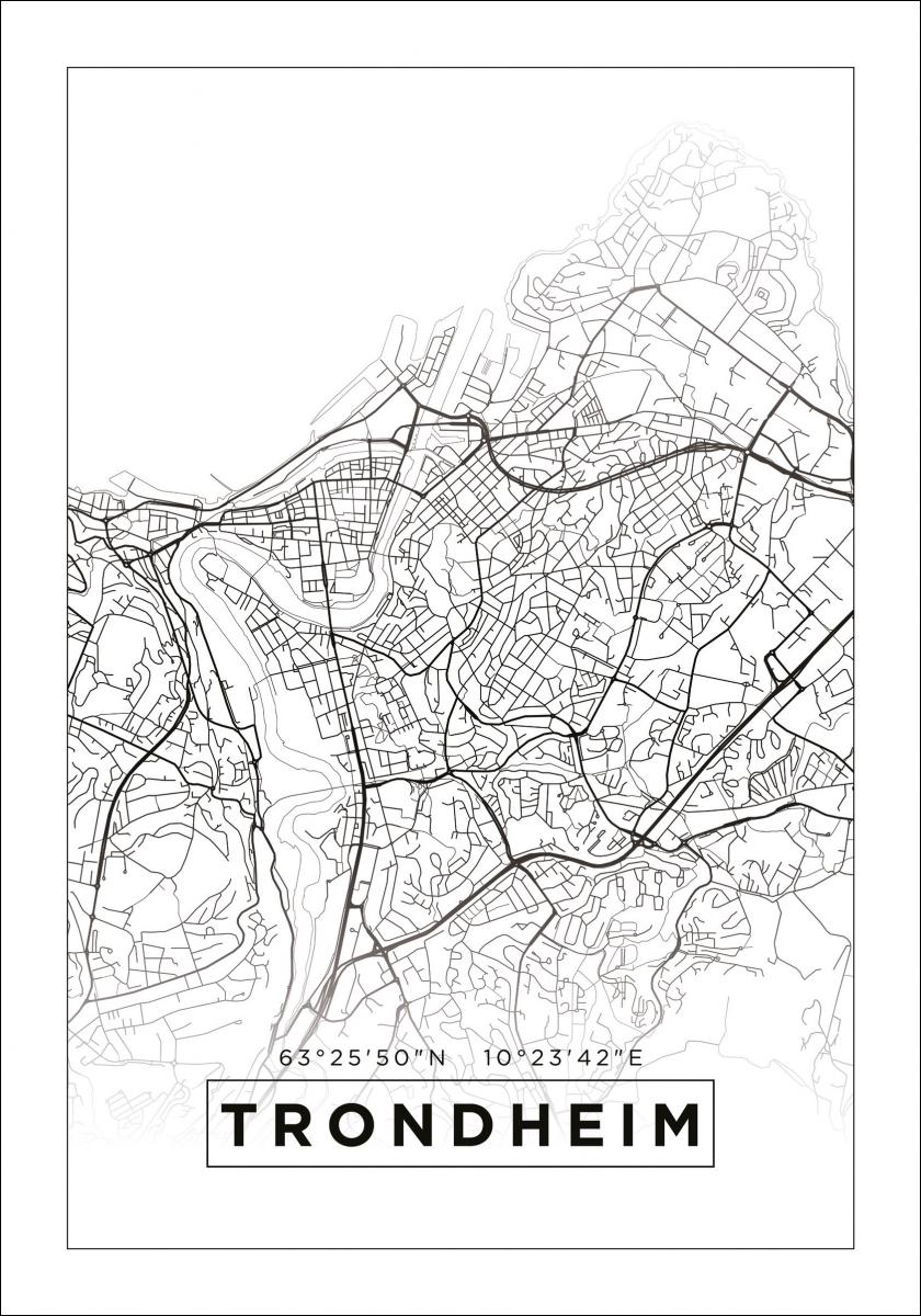 Kart - Trondheim - Hvit Plakat
