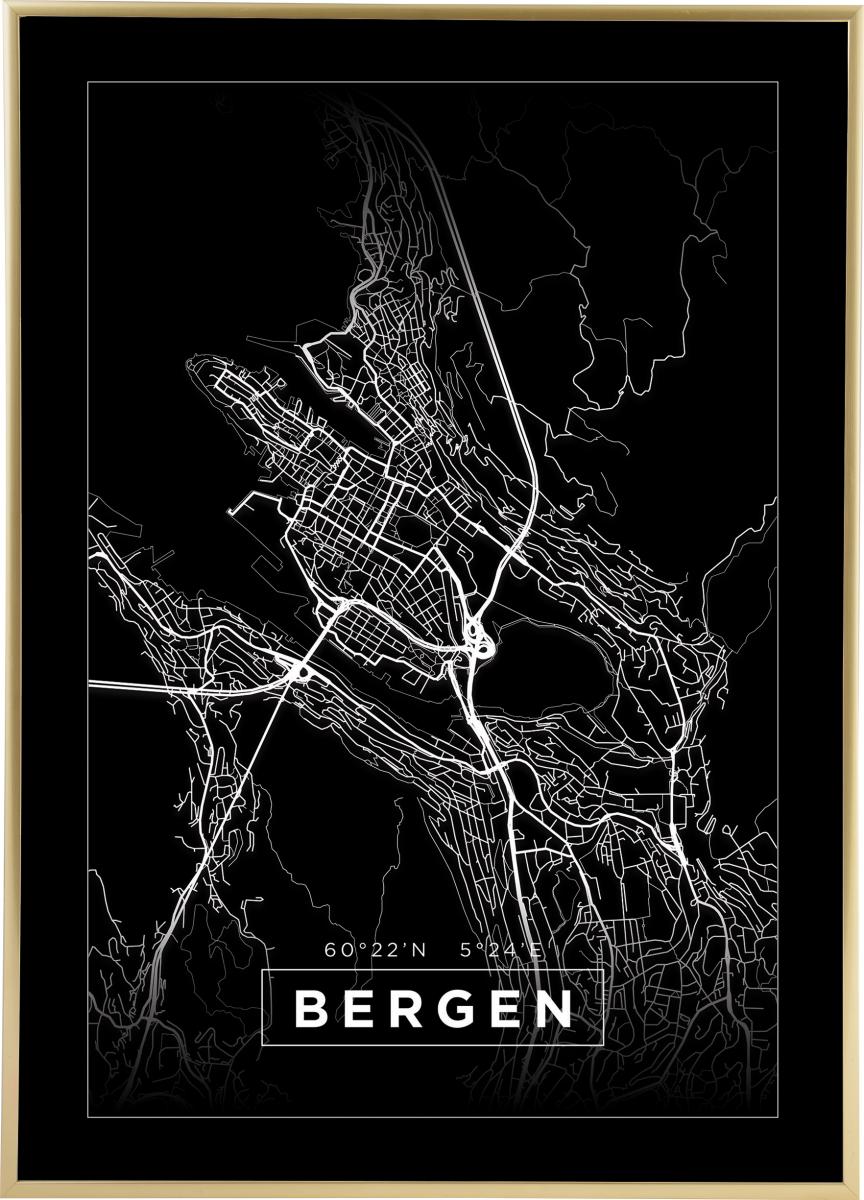 Stedskart poster Bergen - Flott svart bykart av Bergen