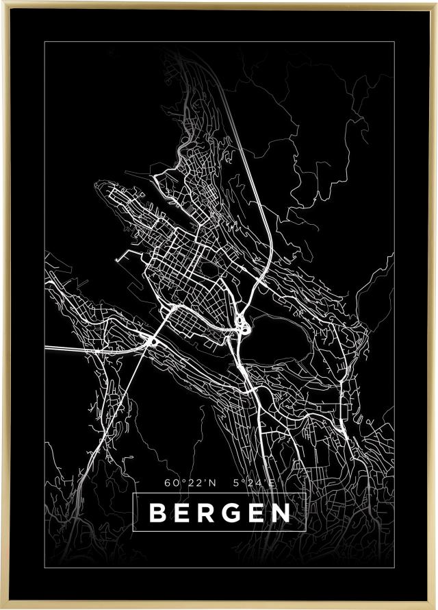 Kart - Bergen - Svart Plakat