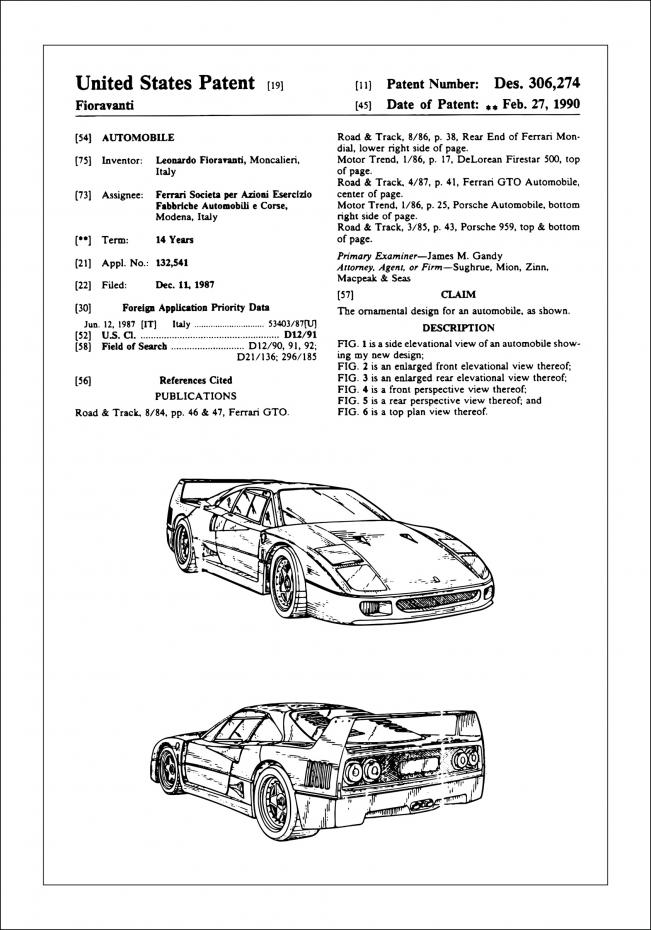 Patenttegning - Ferrari F40 I - Poster Plakat