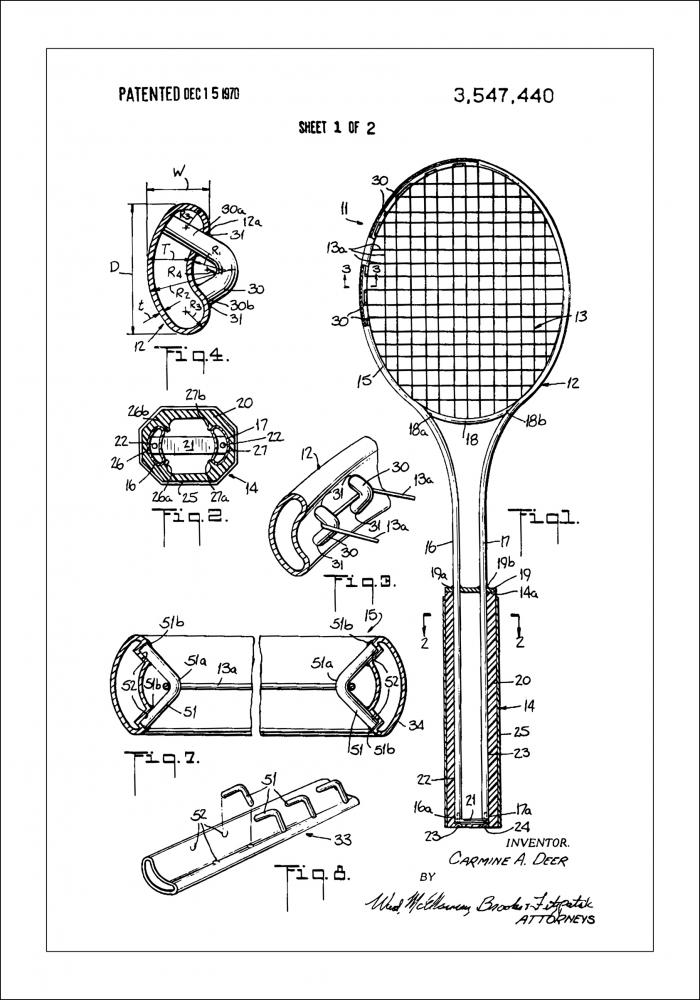 Patent Print - Tennis Racket - White Plakat