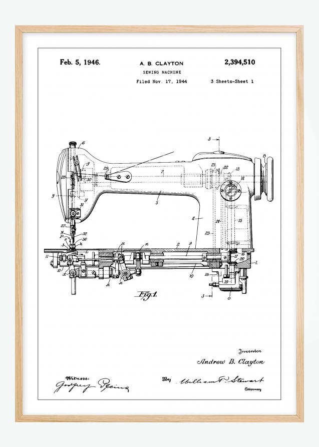 Patenttegning - Symaskin I - Poster Plakat