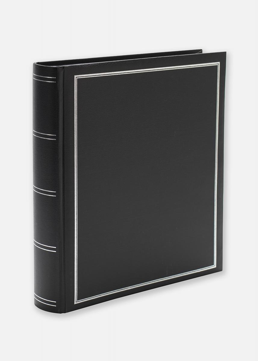 Svart fotoalbum med svarte sider og sølvfolierte linjer på forsiden