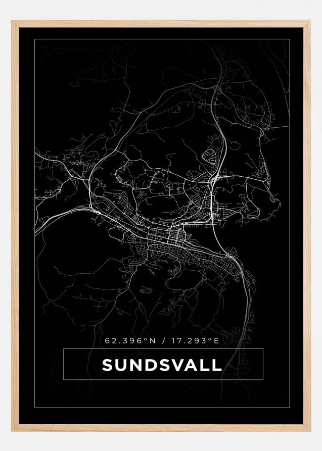 Kart - Sundsvall - Svart Plakat