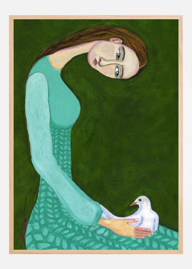 Lady sitting with white dove bird woman Plakat