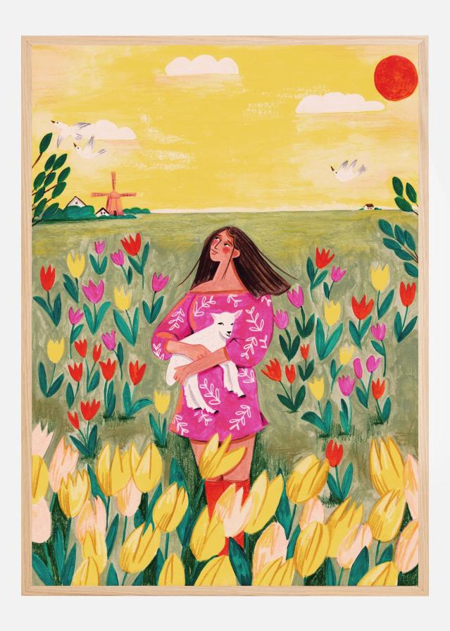 Woman in spring tulip field Plakat