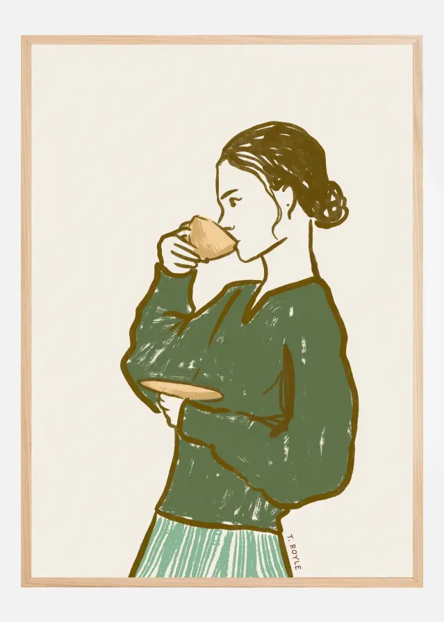 Woman Drinking Tea in Green Plakat