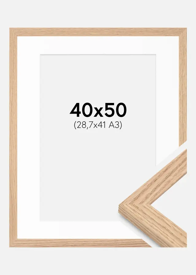 Ramme Tidlös Massiv Eik 40x50 cm - Passepartout Hvit 29,7x42 cm