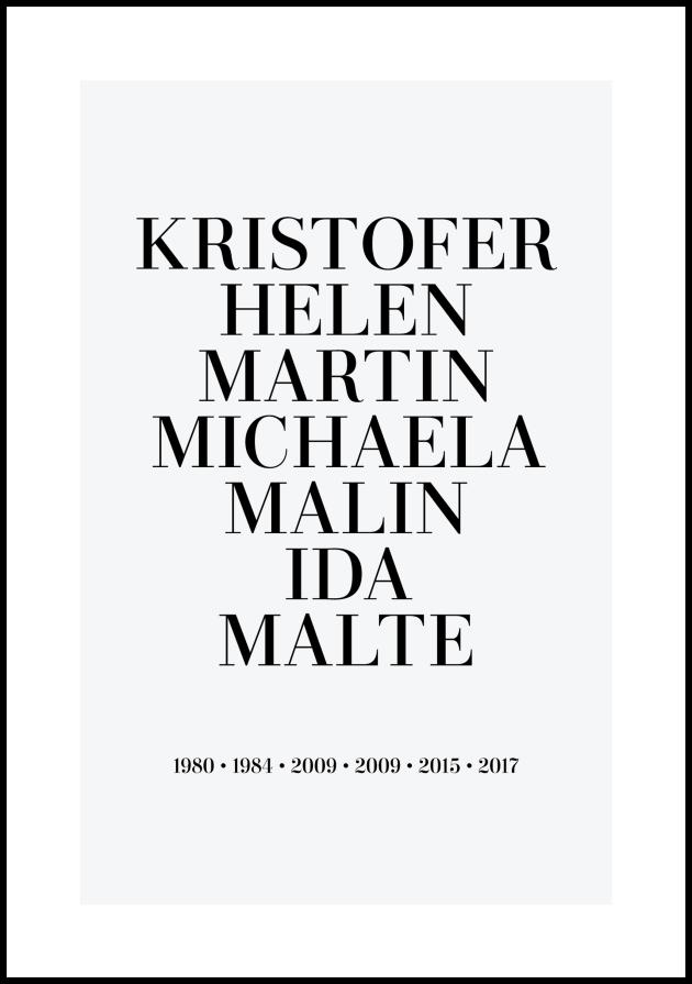 Familiebilde - 7 Fødselsår & Navn - Grå