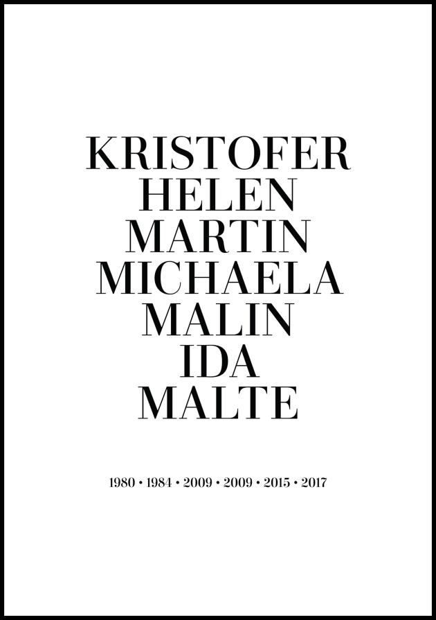 Familiebilde - 7 Fødselsår & Navn - Hvit