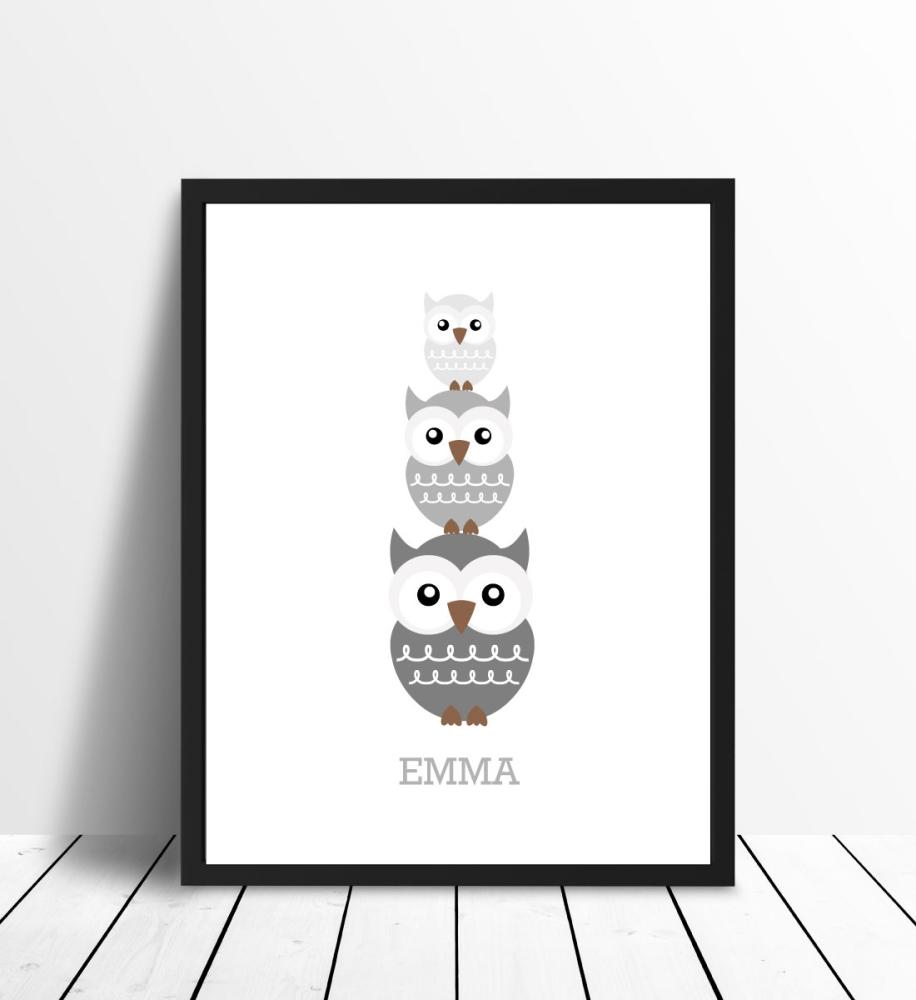 Owls Birth Poster Grey