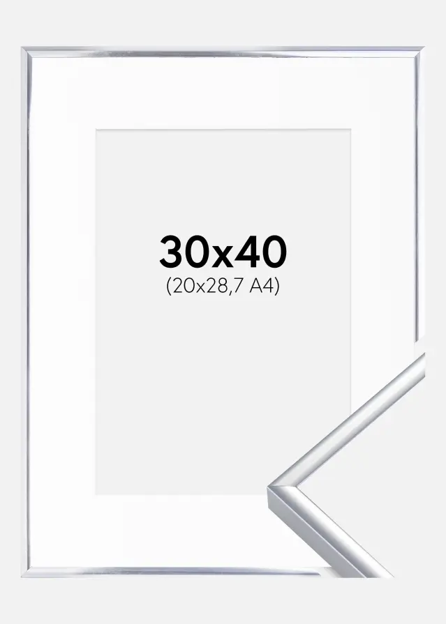 Ramme Aluminium Blank Sølv 30x40 cm - Passepartout Hvit 21x29,7 cm (A4)